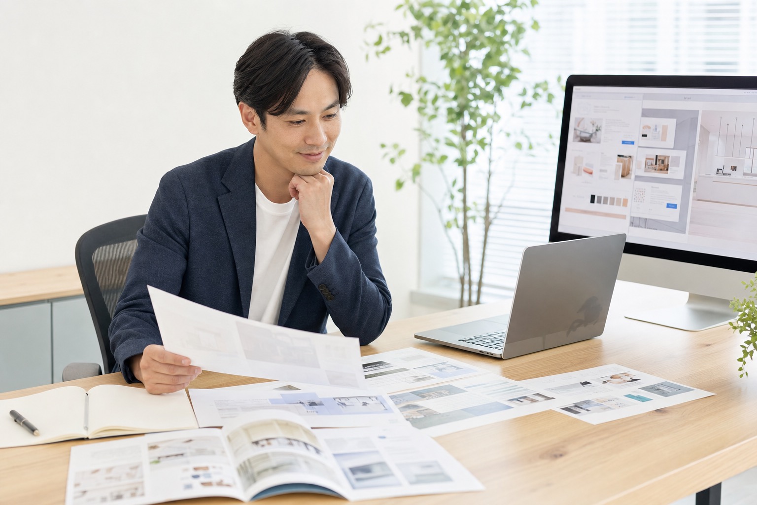 院長がパソコンと提案書を並べてホームページ制作会社を比較検討している場面。