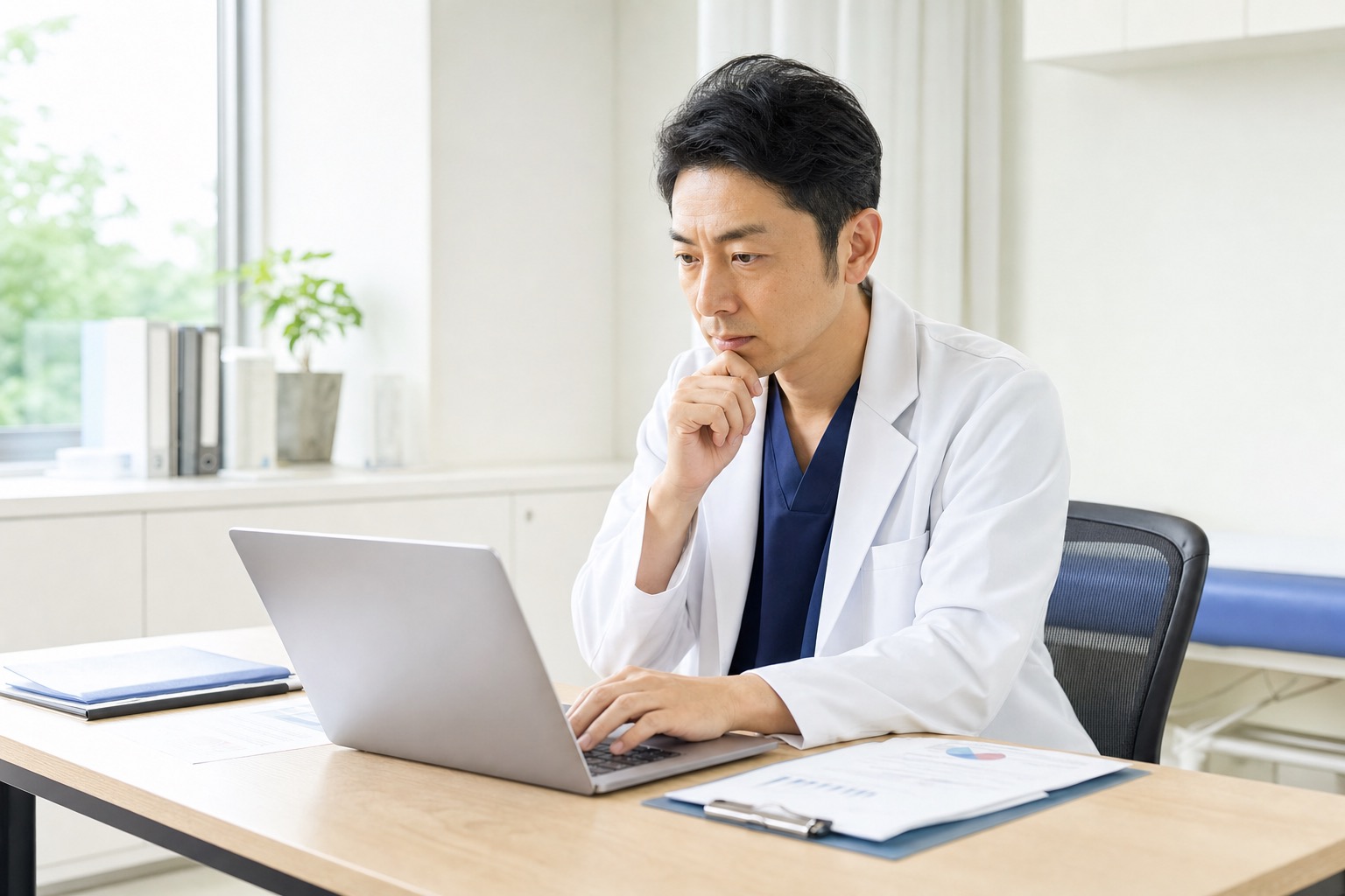 クリニックの院長が院長室でパソコンに向かい、口コミへの返信内容を確認している場面。