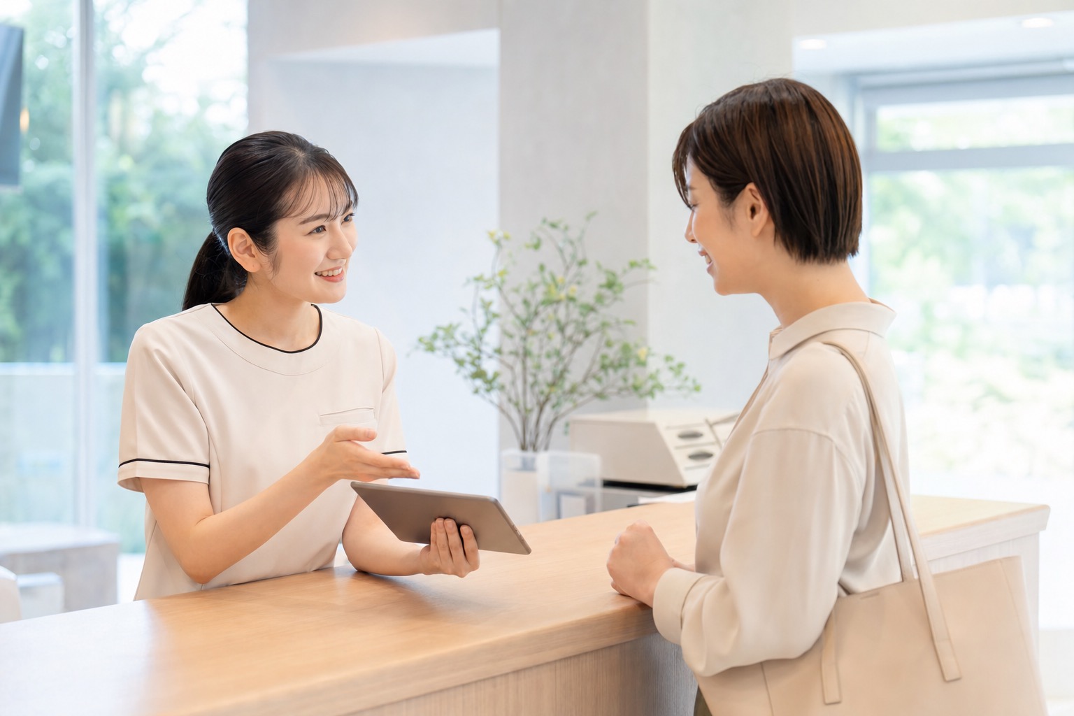 クリニックの受付スタッフがタブレットを使いながら患者に予約方法を案内している様子。明るく清潔感のある受付カウンターで、スタッフと患者が笑顔で対話している。