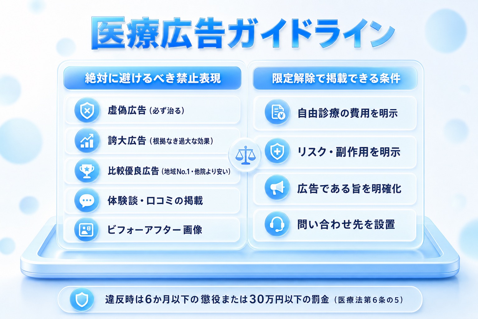 医療広告ガイドラインの禁止表現(虚偽・誇大・比較優良・体験談・ビフォーアフター)と、限定解除で掲載できる条件(費用・リスク副作用の明示、広告である旨、問い合わせ先)を左右で対比した一覧表