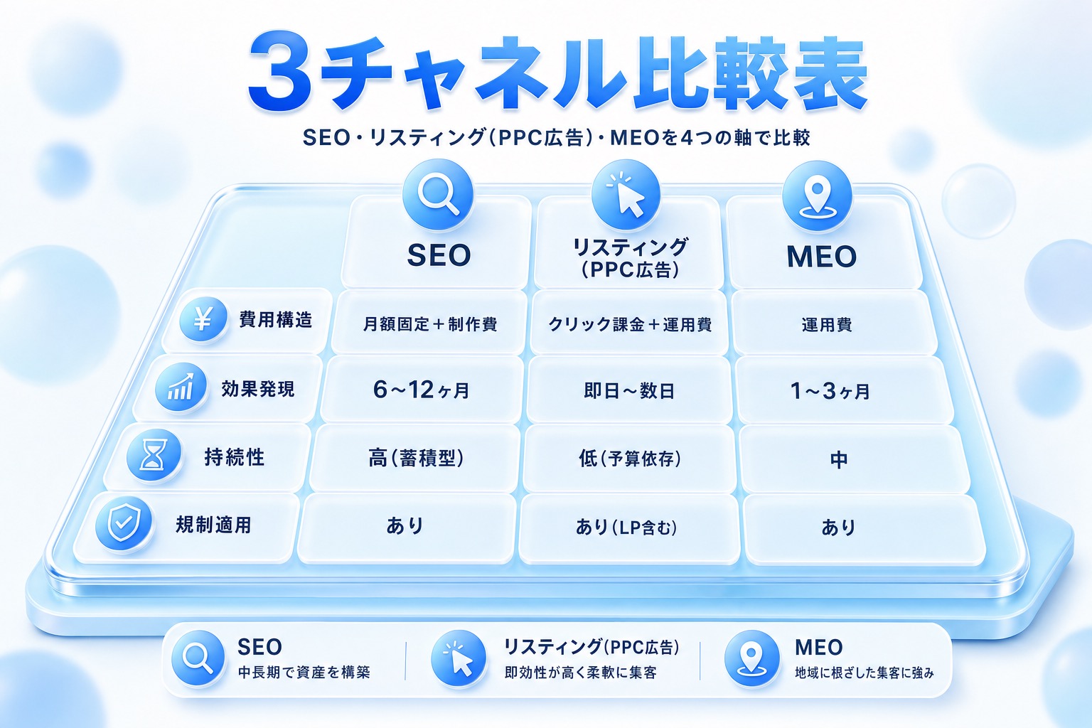 SEO・リスティング広告・MEOを費用構造・効果発現・持続性・規制適用の4軸で比較した表。