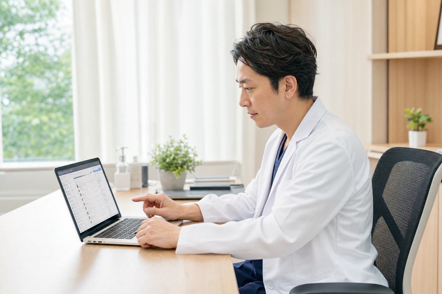 クリニック院長がノートパソコンで予約システム・CRMの管理画面を確認している様子。