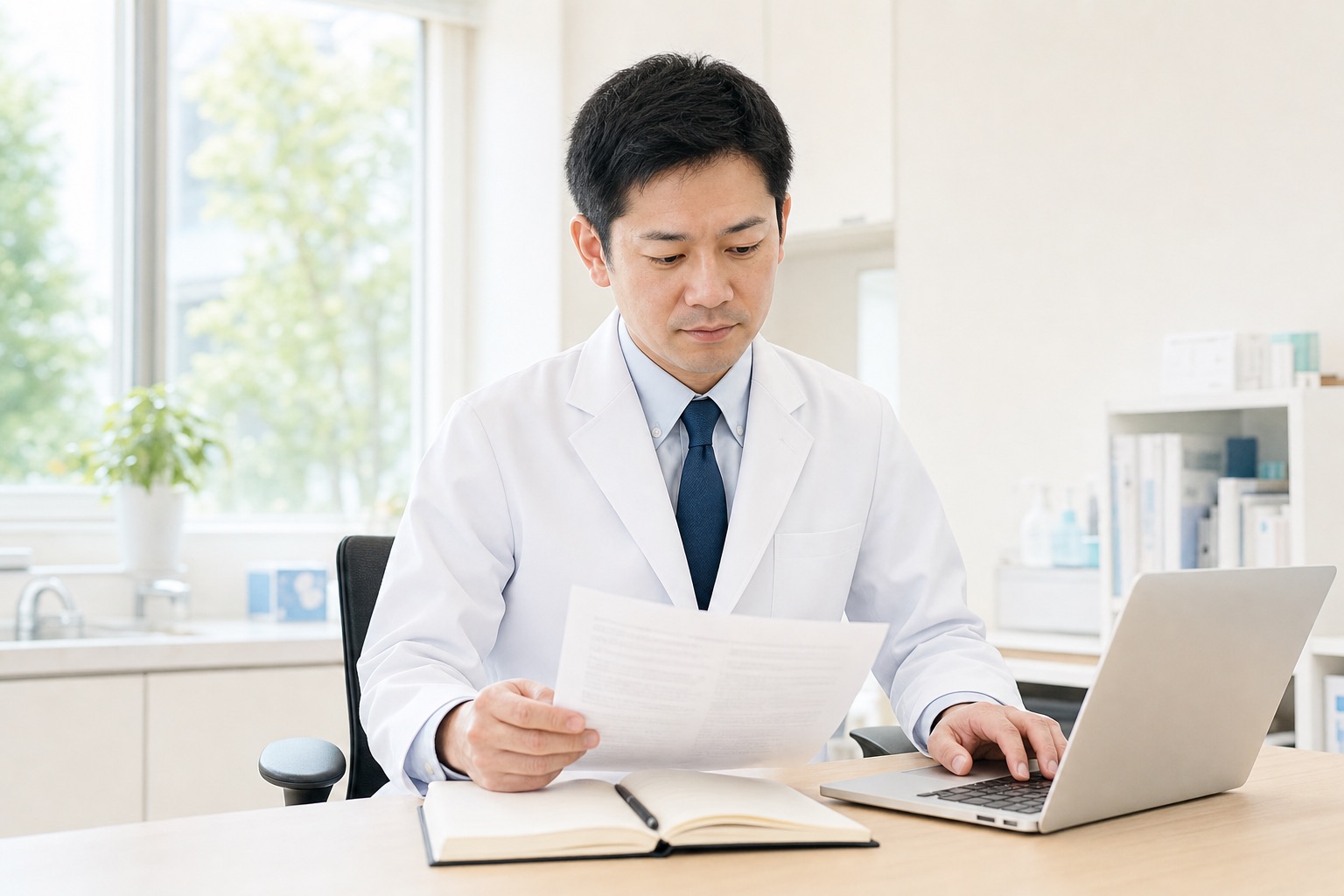 白衣の院長が診療室でノートパソコンと書類を前に医療広告ガイドラインの原稿を確認している様子