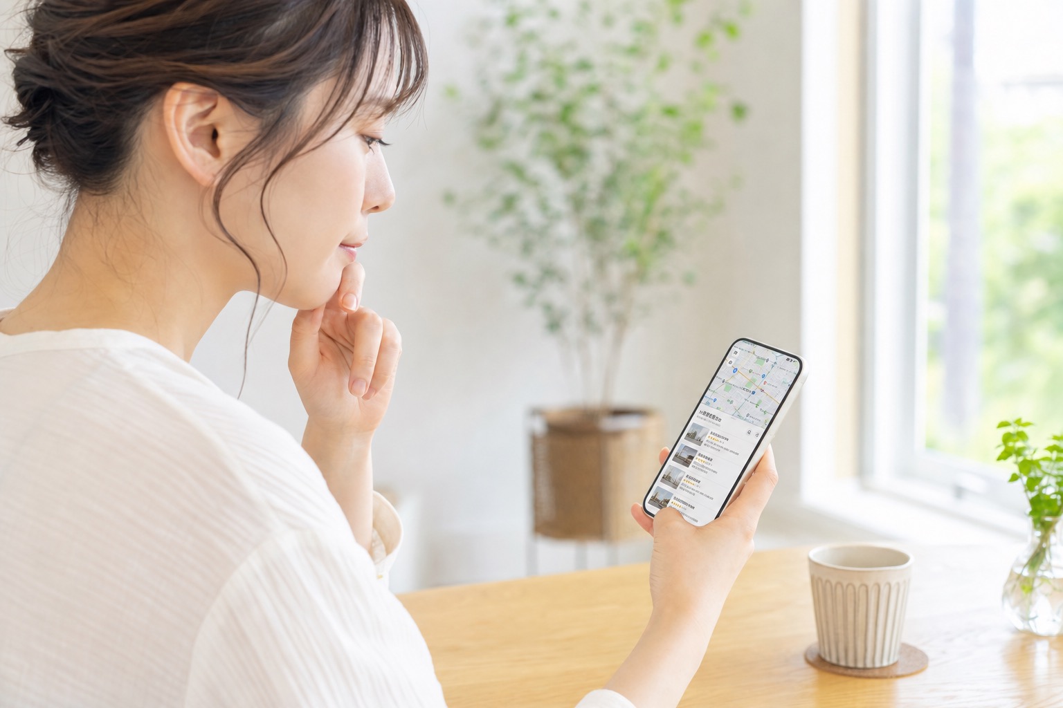 スマートフォンで近くのクリニックを検索する患者の手元。検索結果に近隣クリニックの情報が並ぶ日常的なシーン。