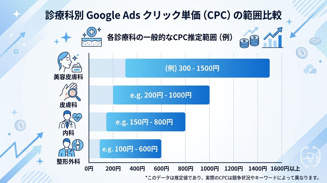 診療科別（美容皮膚科・皮膚科・内科・整形外科）のクリック単価帯を横棒グラフで比較した図解。クリーンな青と白のインフォグラフィック