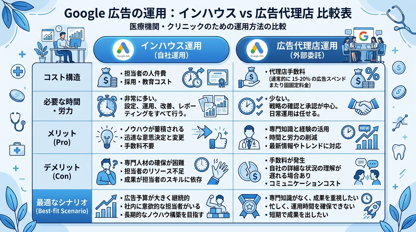 自院運用と代理店委託の費用・工数・メリット・デメリットを2列で比較した表形式の図解。青と白のクリーンなデザイン