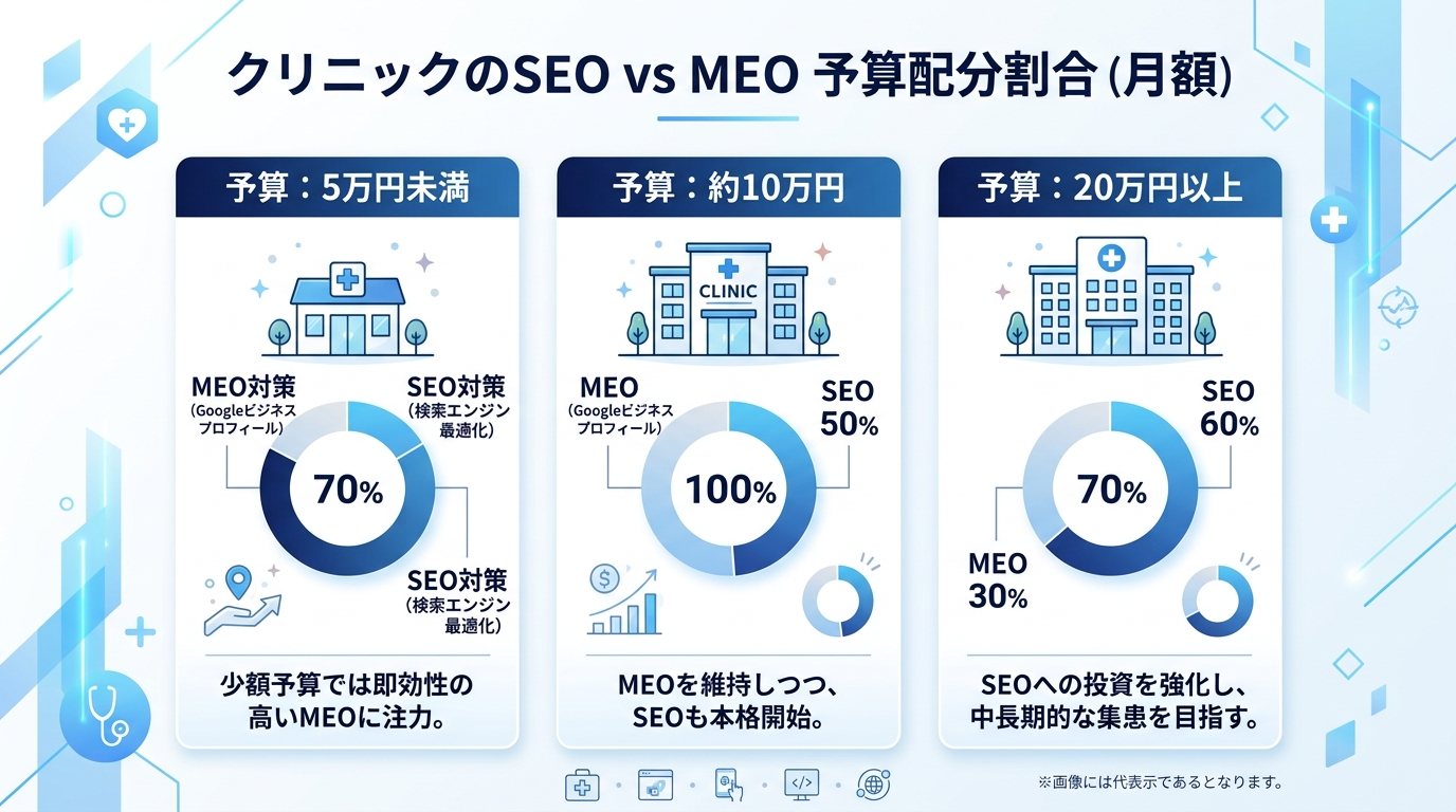 クリニックの月額予算帯別（5万円以下・10万円・20万円以上）にSEOとMEOの予算配分比率を示す棒グラフまたは円グラフ。シンプルで見やすいインフォグラフィック