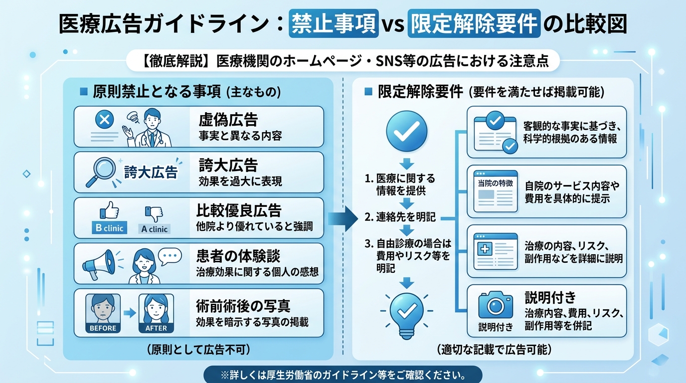 医療広告ガイドラインの主要禁止事項と限定解除要件を整理した一覧表。禁止事項(虚偽・誇大・比較優良・体験談・ビフォーアフター)と限定解除の条件を対比形式で示す図解