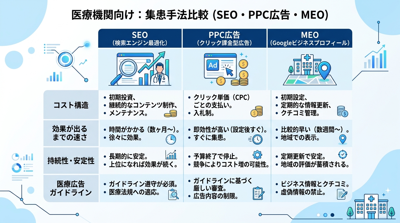 SEO・リスティング広告・MEOの3つの集患チャネルを費用・即効性・持続性・規制の4軸で比較した表形式の図解。クリーンな青と白基調のインフォグラフィック。日本語ラベル。