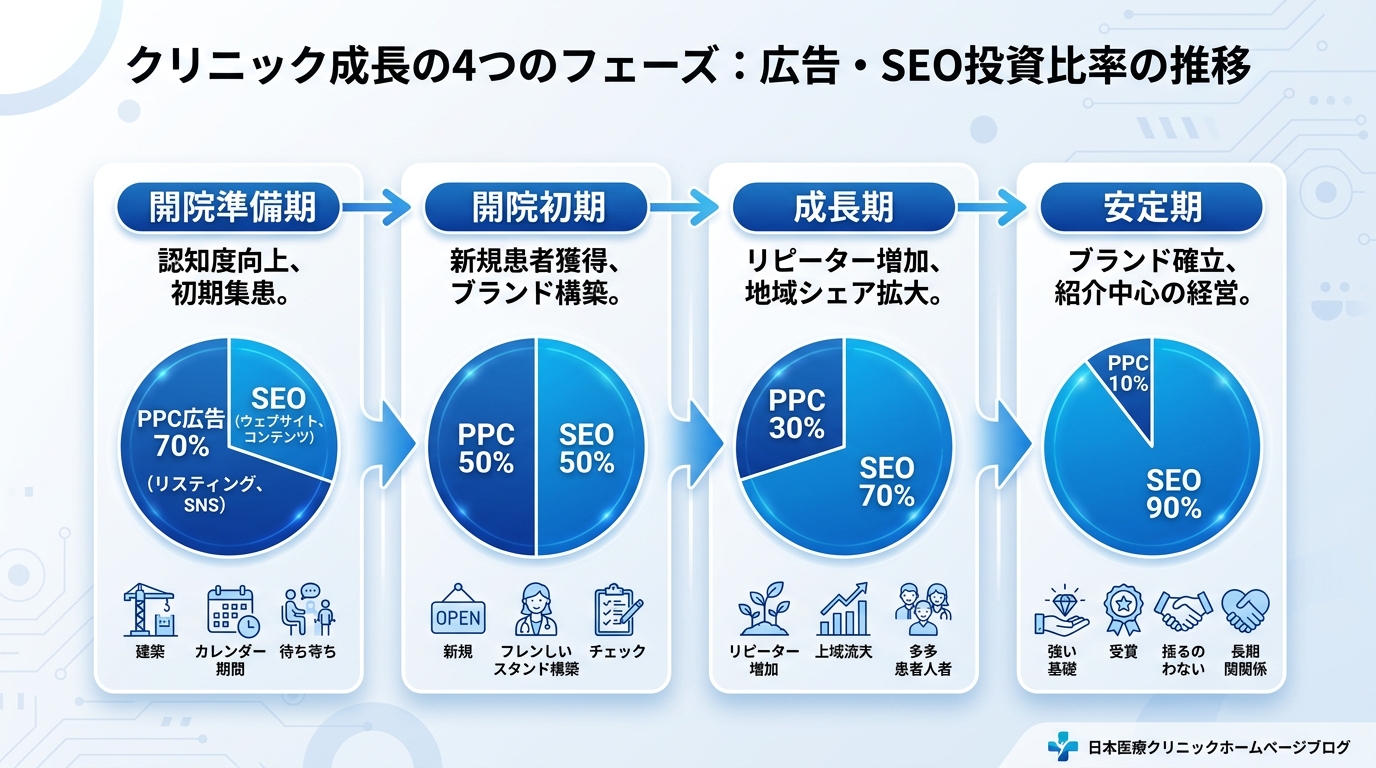 クリニックの開院前・開院直後・軌道期・安定期の4フェーズを横軸に、SEOと広告の投資比率の推移を示したステップ図。各フェーズに広告とSEOの割合を%で表示。青と白基調のインフォグラフィック。日本語ラベル。