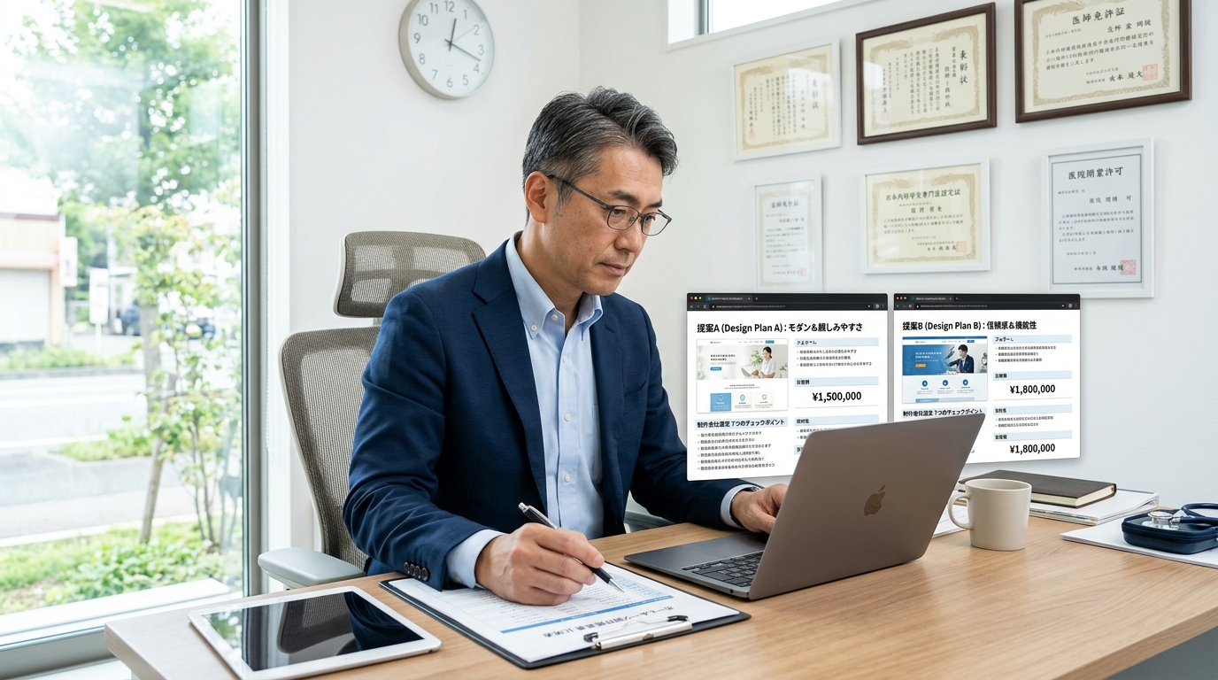 クリニックの院長がデスクで制作会社の見積書を比較検討している場面。パソコンの画面にホームページのデザイン案が表示されている。明るく清潔感のあるオフィス。