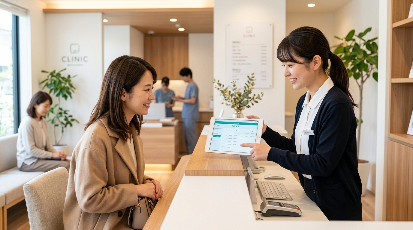 クリニック受付スタッフがタブレットを使いながら患者に予約方法を案内している場面。明るく清潔感のある受付カウンター、スタッフと患者が笑顔で対話