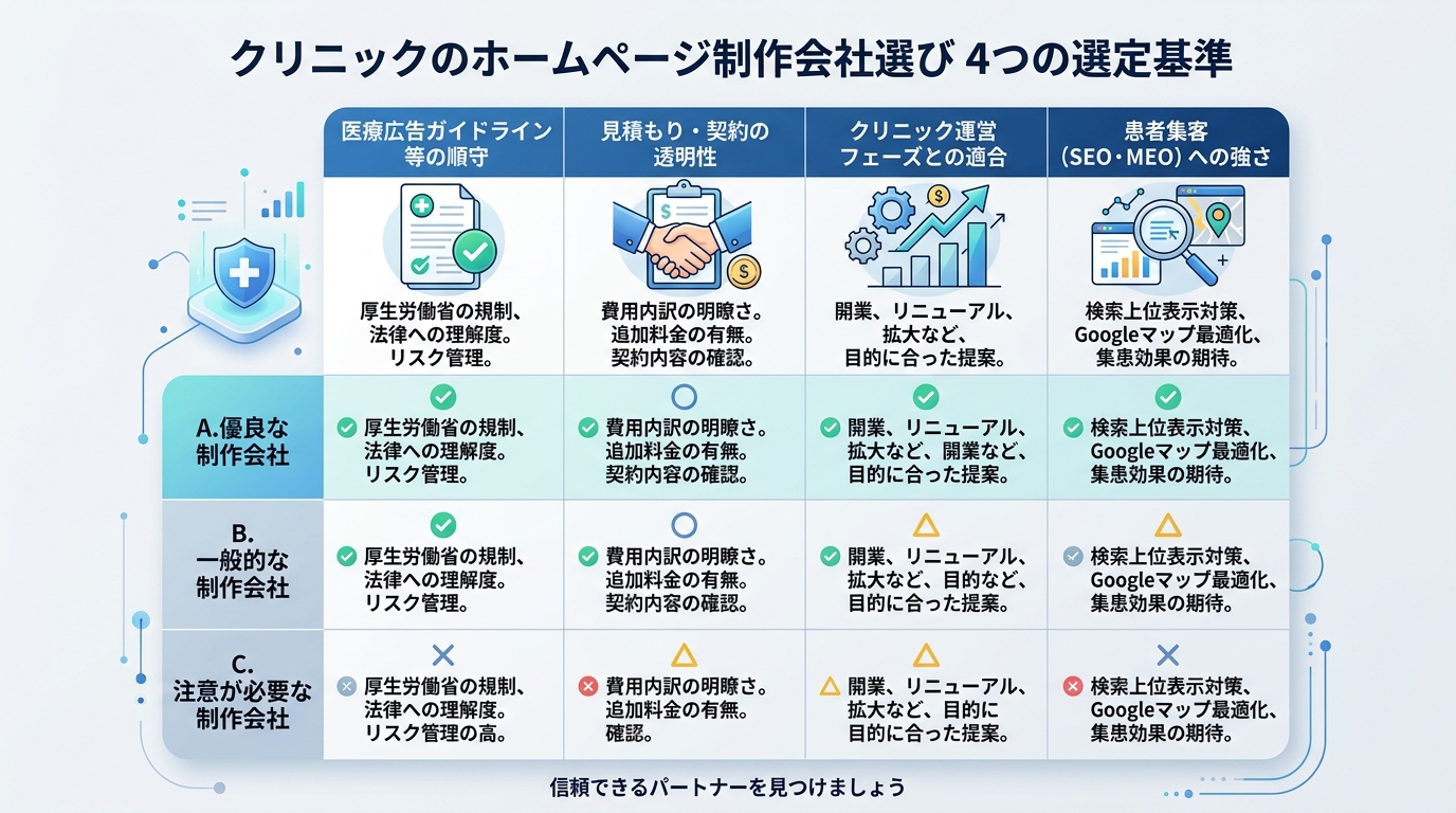クリニックWeb制作会社の4つの選定軸を示す比較マトリクス図。ガイドライン対応力・契約条件・フェーズ適合・集患機能の4象限。清潔感のある青と白の配色。