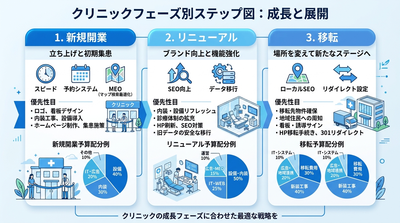 クリニック開業フェーズ別(新規開業・リニューアル・移転)のWeb制作優先順位を示すステップ図。各フェーズで重視すべき項目と費用配分を可視化。青と白の清潔感あるインフォグラフィック。