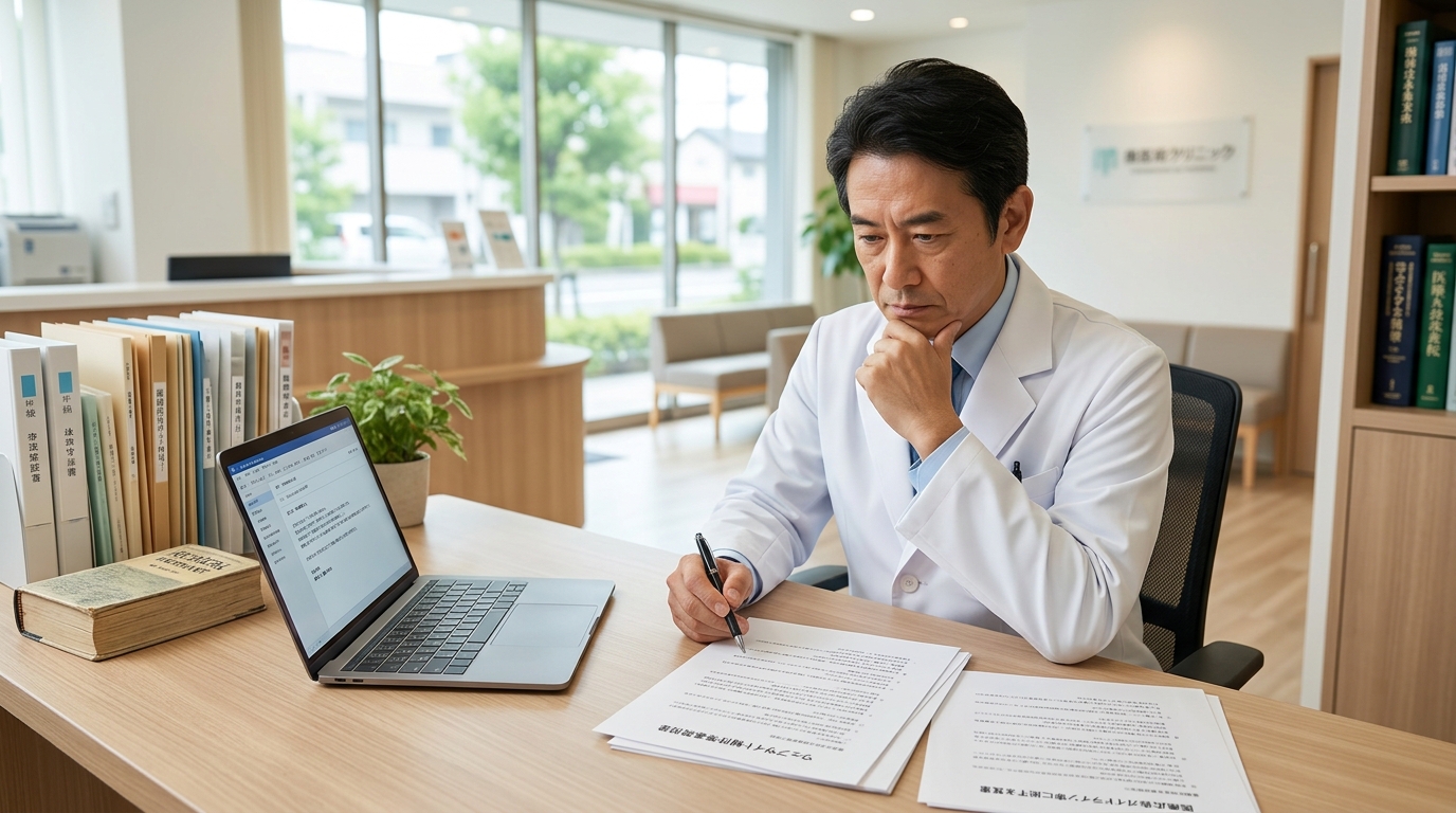 クリニック院長がオフィスでWeb制作会社との契約書を確認している場面。書類とノートパソコンがデスクにある。真剣な表情。明るく清潔感のある室内。