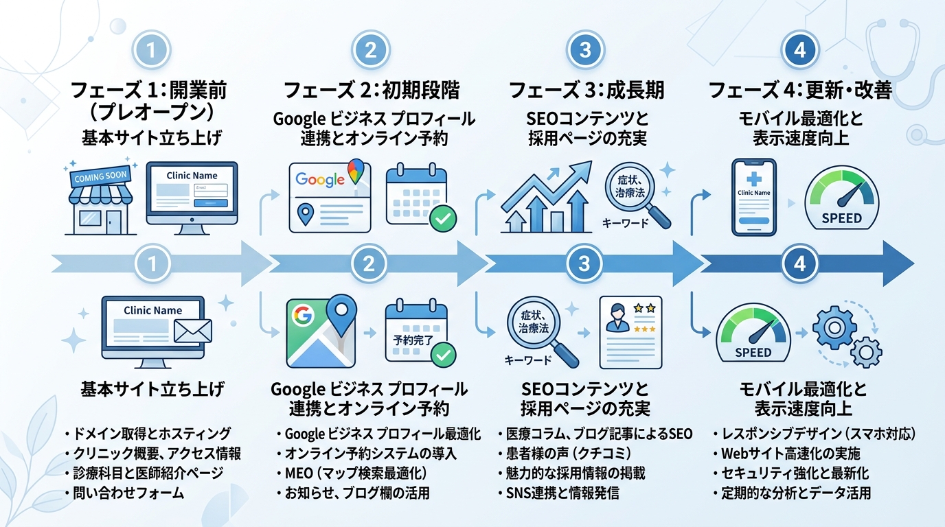 クリニックの開業フェーズ別ホームページ施策を4段階で示すステップ図。開業前、開業初期、成長期、リニューアル期の各段階に優先施策を記載。タイムライン形式で清潔感のあるデザイン