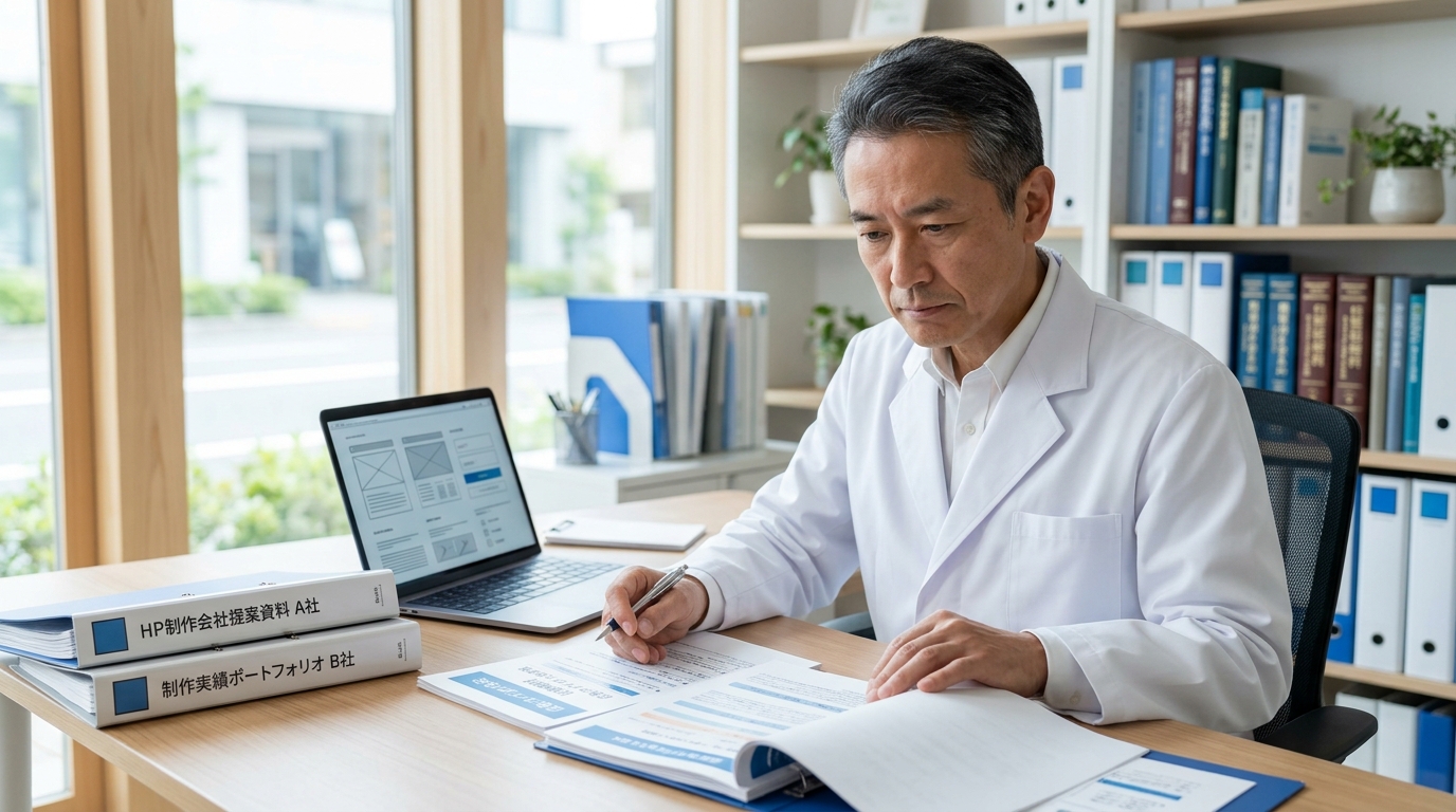 クリニック院長がデスクで制作会社の見積書や実績資料を確認している場面。パソコンと書類が並ぶオフィス。真剣な表情で比較検討している様子