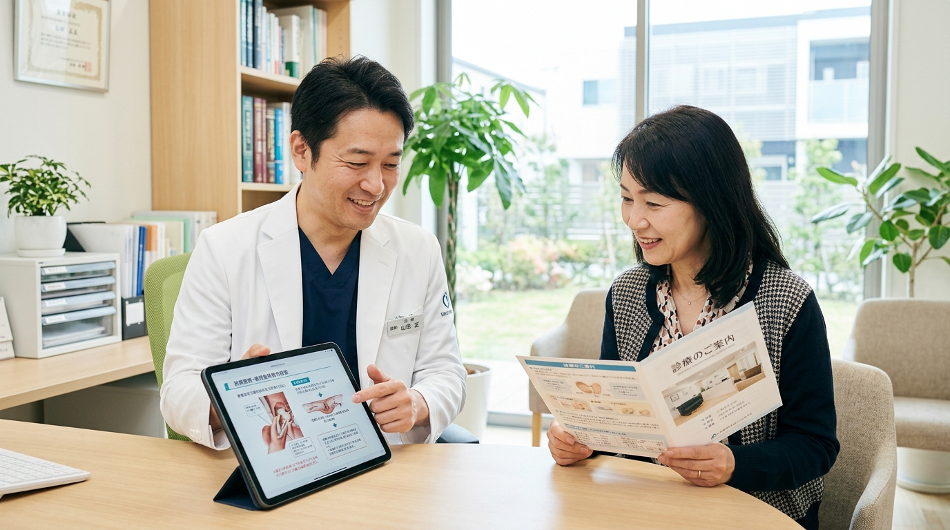 クリニックの診察室で医師が患者に資料を見せながら丁寧に治療プランを説明している様子。落ち着いた雰囲気で信頼感のある写真