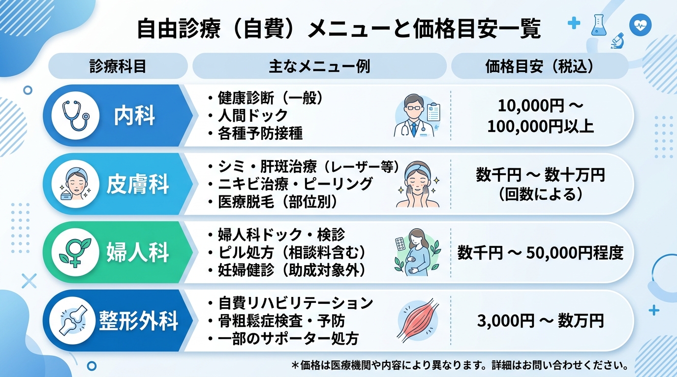 診療科別（内科・皮膚科・婦人科・整形外科）の代表的な自費メニューと単価帯目安を整理した比較表。各科ごとにメニュー例と単価レンジが並ぶ図解。青と白基調のクリーンなインフォグラフィック