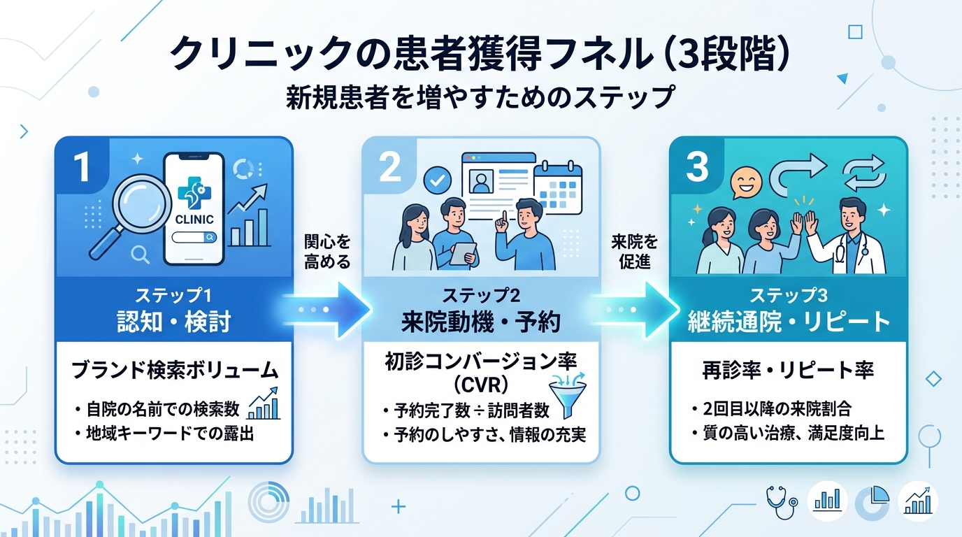 「認知→来院動機→継続受診」の3段階を示すステップ図。各ステップに診断の視点(指名検索数、初診予約率、再診率)が日本語で記載されている。青と白を基調としたクリーンなインフォグラフィック。