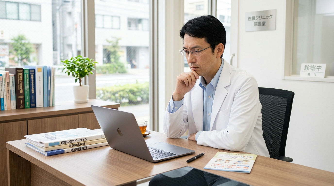 医療広告ガイドラインに関する書類とパソコンを前に、クリニック院長が原稿内容を確認している真剣な様子。清潔感のある診療室または院長室の雰囲気