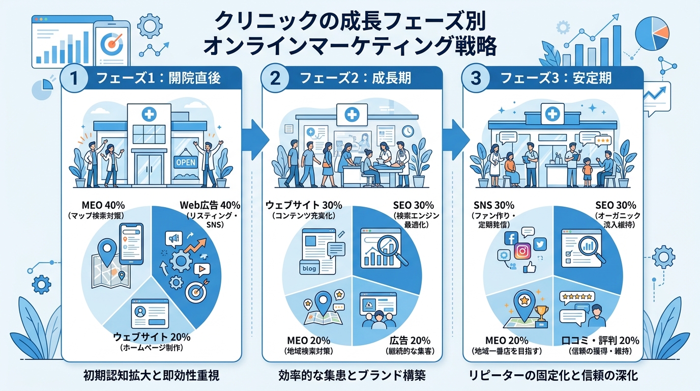 開業直後・成長期・安定期の3フェーズ別に、優先すべきオンライン集患施策の比率を示した段階図
