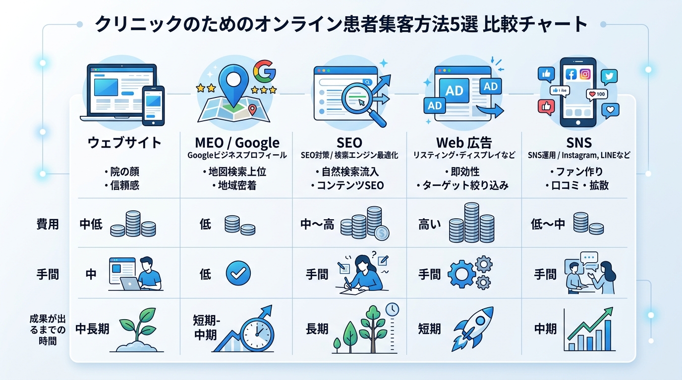 オンライン集患施策の比較表。ホームページ・MEO・SEO・Web広告・SNSの5施策を、コスト・工数・効果が出るまでの時間で比較した一覧図