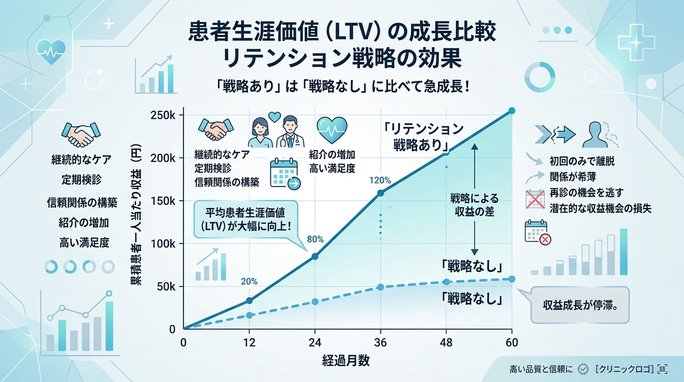 新規集患とリテンション施策によるLTV向上の関係を示した図解。横軸に時間、縦軸に患者あたりの累積収益を取り、リテンション施策ありとなしの2本の曲線を比較
