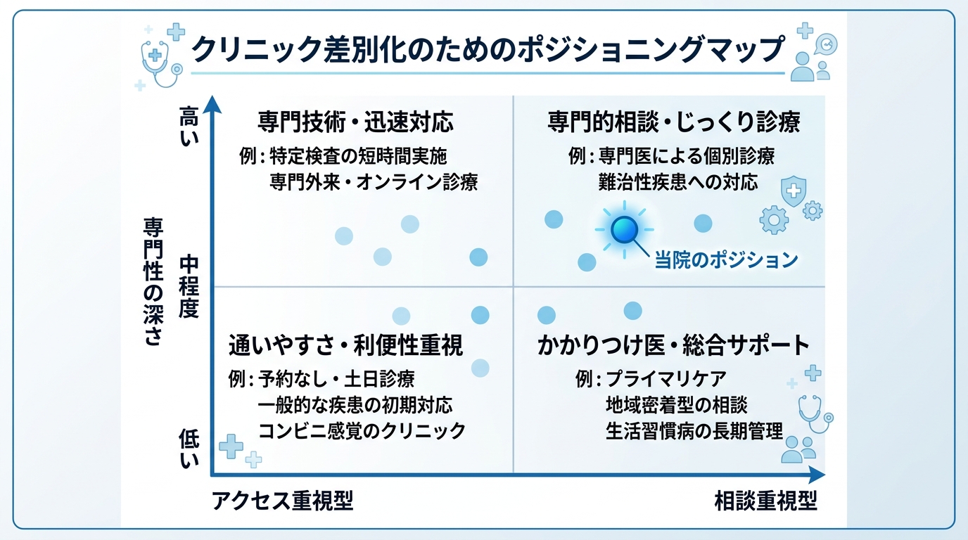 クリニックのポジショニングマップ図解。縦軸「専門性」、横軸「アクセス重視⇄じっくり診療重視」とし、4象限に競合クリニックと自院をプロットしたサンプル