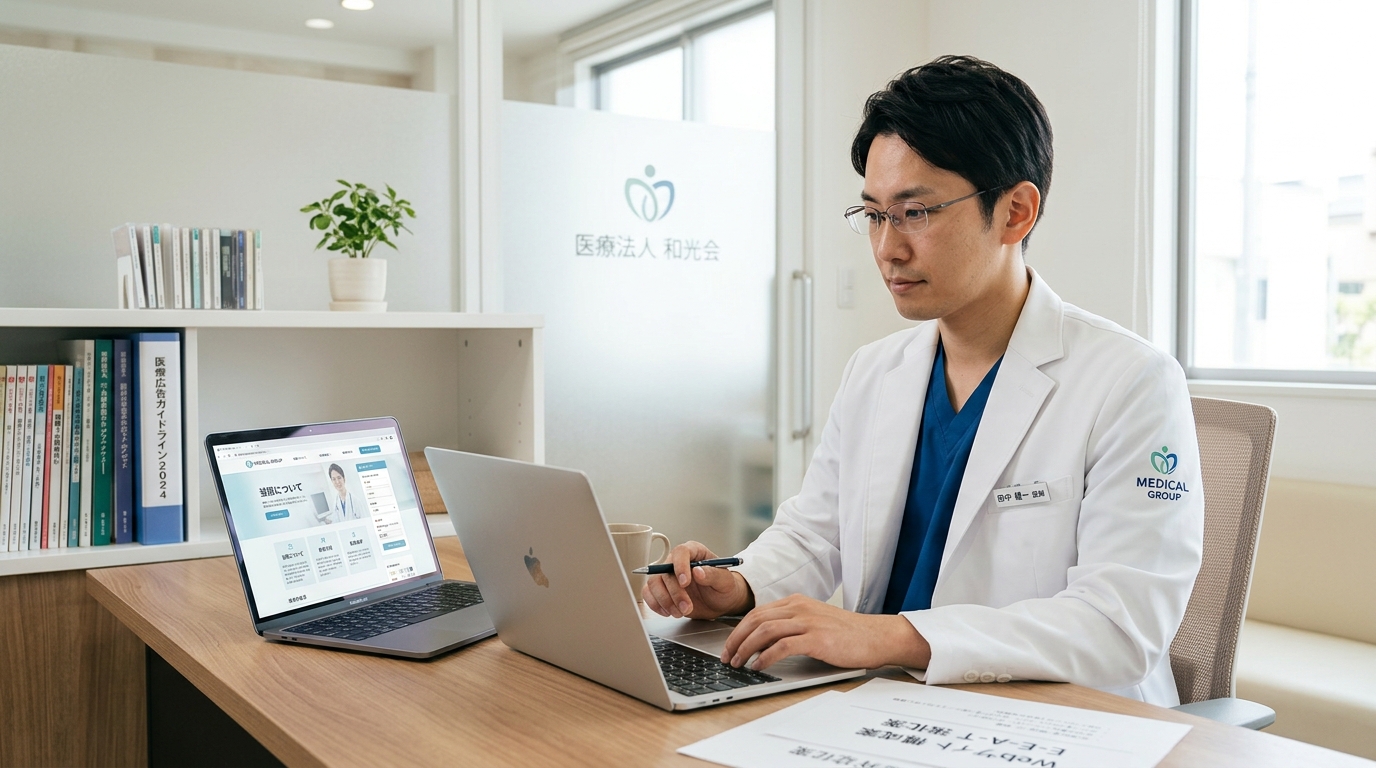クリニックの医師がパソコンの前で診療所のWebサイト原稿をチェックしている様子。落ち着いた雰囲気で、コンプライアンス・信頼性を象徴するシーン