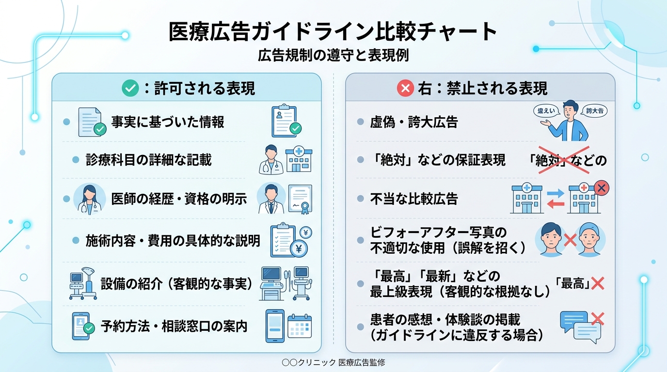 医療広告で『できる表現』と『できない表現』を比較した表組み。左に許容される表現例、右に禁止される表現例を並べる