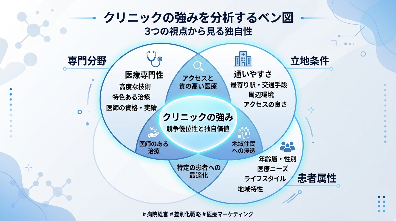 診療科・立地・患者層の3要素を掛け合わせて自院の強みを整理するフレームワーク図。3つの円が重なるベン図形式で、中央に『自院の強み』と表示