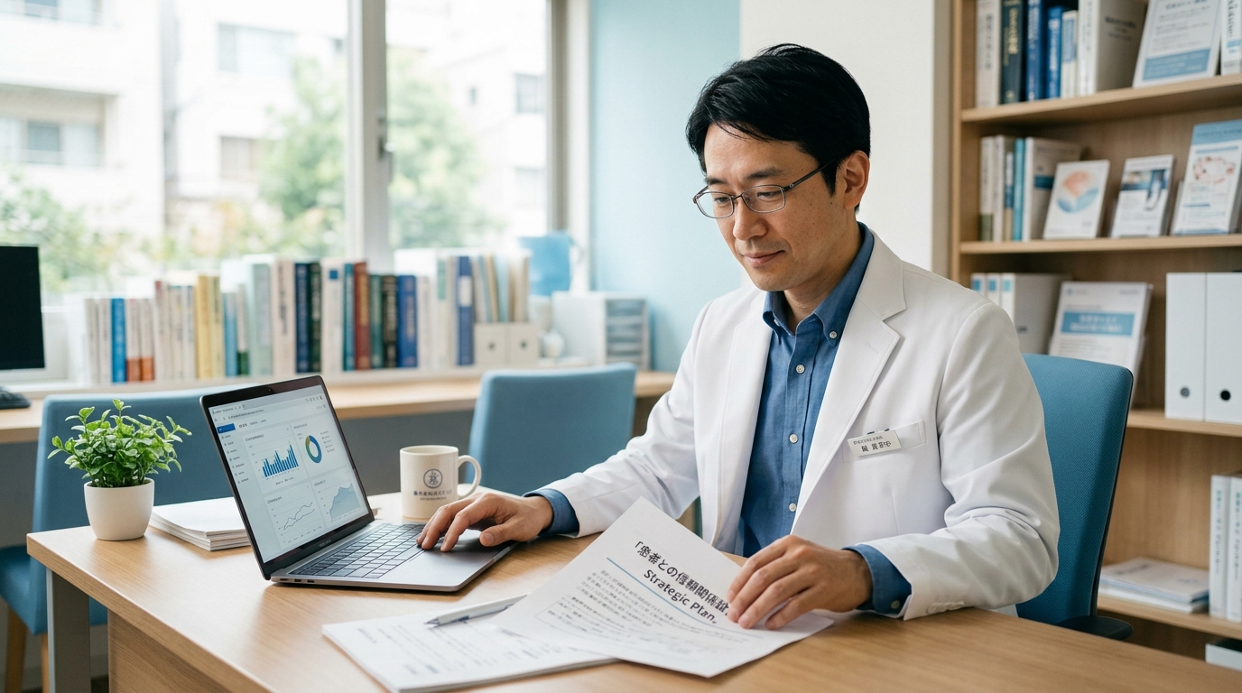 クリニックの院長が診察室のデスクで経営資料を眺めながら考えている穏やかなシーン。落ち着いた色調で信頼感のある雰囲気