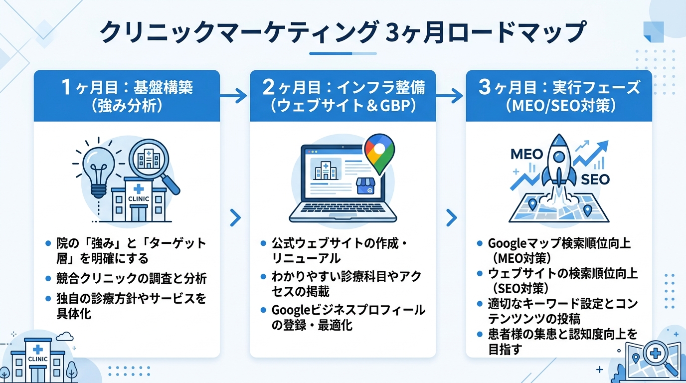 クリニックマーケティングの3ヶ月ロードマップ。1ヶ月目『土台整備』、2ヶ月目『基盤構築』、3ヶ月目『施策実行』の3段階を矢印で示すステップ図