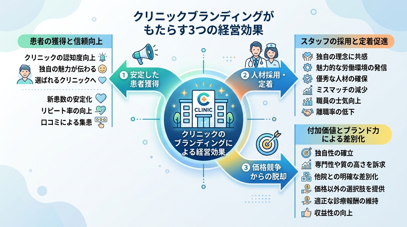 クリニックブランディングが生む3つの経営効果を示す図解。中央にクリニックブランドのアイコン、そこから3方向に矢印が伸び、それぞれ「集患安定」「採用・定着」「価格競争脱却」のラベルと簡潔な数値・効果が記載されている。青と白のクリーンなインフォグラフィック