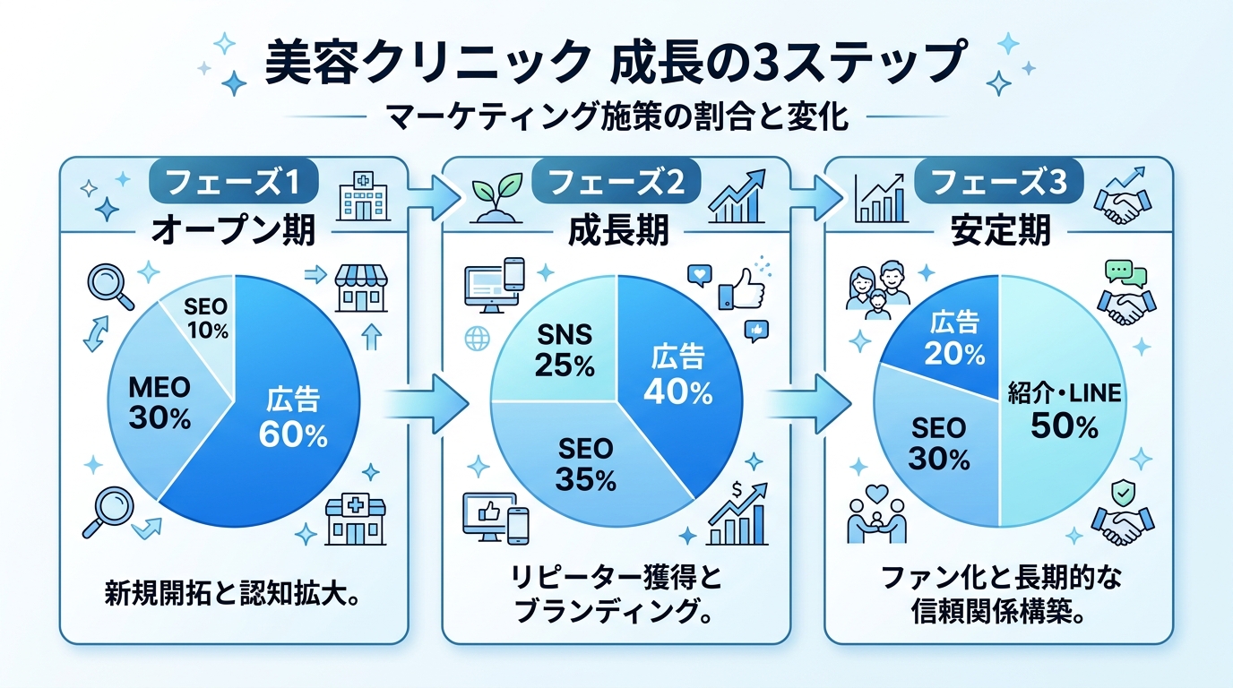 美容クリニックの3フェーズ(開業期・成長期・安定期)ごとに、推奨集客施策の比率配分が変化していく様子を示すステップ図。フェーズが進むにつれて広告比率が下がりSEO・口コミ比率が上がる構成