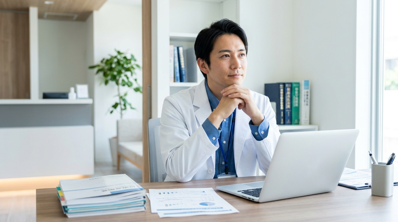 診察室で書類とノートPCを前に考え込むクリニック院長の写真。穏やかな自然光、清潔感のある白基調の院内、信頼感のある雰囲気
