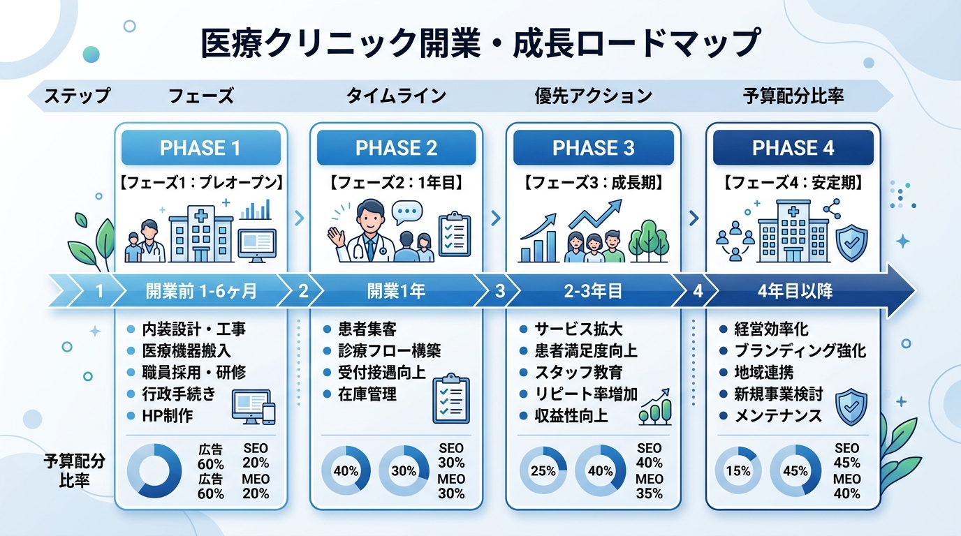 クリニック開業からのフェーズ別ロードマップを示すステップ図。横方向に4フェーズ(開業前・開業1年以内・成長期・安定期)を並べ、各フェーズで優先する施策と予算配分(広告:SEO:MEOの比率)を示す。青と白基調のタイムライン型インフォグラフィック