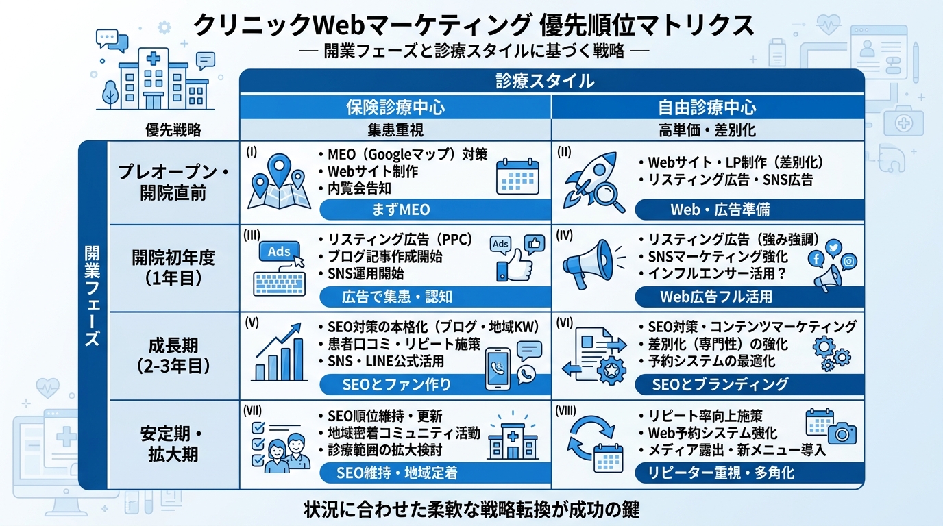 施策優先順位を決める3軸マトリクス図。縦軸に開業フェーズ(開業前・直後・成長期・安定期)、横軸に診療科特性(保険診療・自費診療)を配置し、各セルに優先すべき施策(MEO優先・広告優先・SEO優先など)を記載。青と白基調のクリーンなチャート