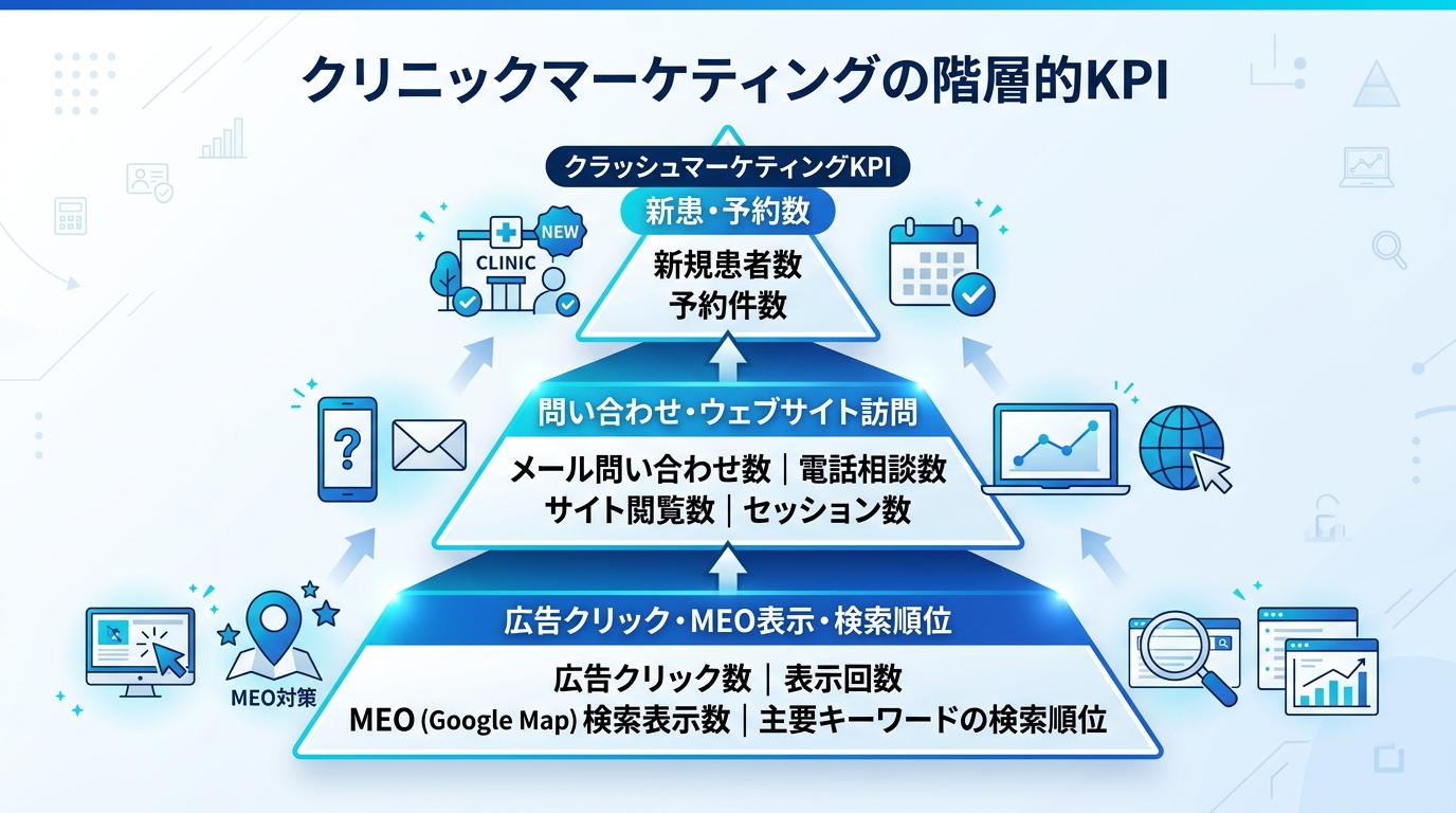 クリニックWebマーケティングのKPI階層図。最上位に『新患数・予約数』、その下に『問い合わせ数』『サイト訪問数』、最下層に『広告クリック数』『MEO表示回数』『検索順位』を配置したピラミッド型の図。青と白基調のクリーンなインフォグラフィック