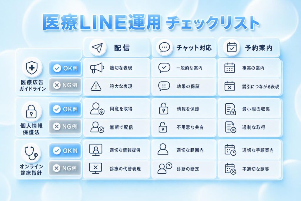 医療広告ガイドライン・個人情報保護法・オンライン診療指針の3つを縦軸に、LINEでの「配信」「チャット対応」「予約案内」を横軸にしたチェックリスト型の比較表。OK例とNG例を色分けし、青と白と薄いグレーの清潔な配色