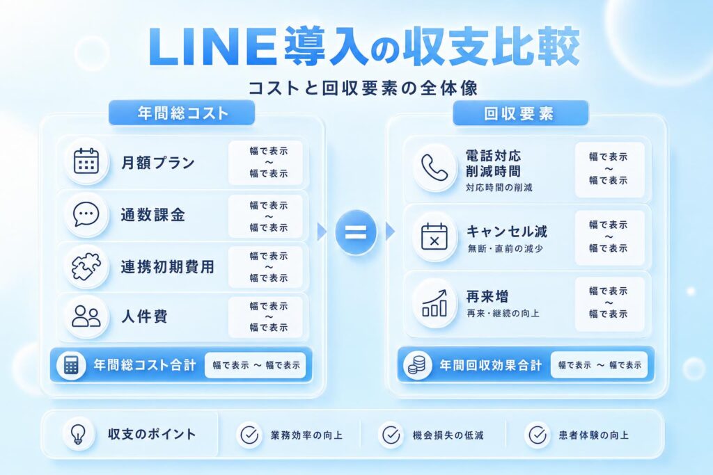 LINE導入の年間総コスト(月額プラン・通数課金・連携初期費用・人件費)と、回収要素(電話対応削減時間・キャンセル減・再来増)を左右に並べた収支比較の図。金額レンジは幅で表示し、青と白基調のクリーンなインフォグラフィック