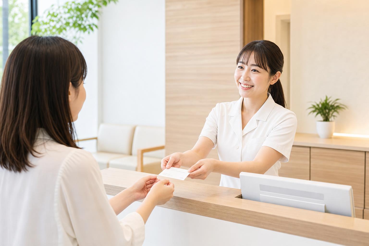 クリニックの受付カウンターで、スタッフが患者に診察券とクリニック名の入った案内カードを手渡している場面。明るく清潔な待合室、落ち着いた木目と白基調の内装、患者と目線を合わせる丁寧な対応の雰囲気