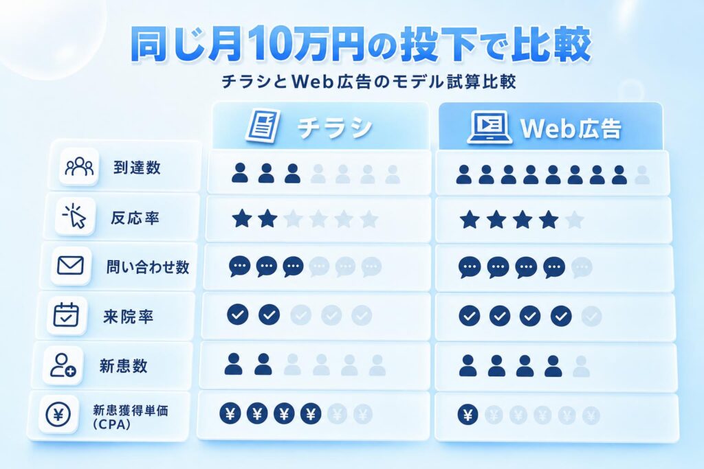 同じ月10万円をチラシとWeb広告に投下した場合の比較表の図解。到達数、反応率、問い合わせ数、来院率、新患数、新患獲得単価(CPA)の6項目を2列で並べたモデル試算表。青と白で作られた見やすいインフォグラフィック