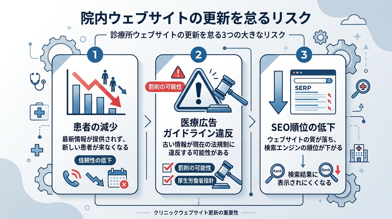 クリニックのホームページを放置した場合に起こるリスクを3つのアイコンで示した図解、集患減少・ガイドライン違反・SEO低下、警告色を含むインフォグラフィック