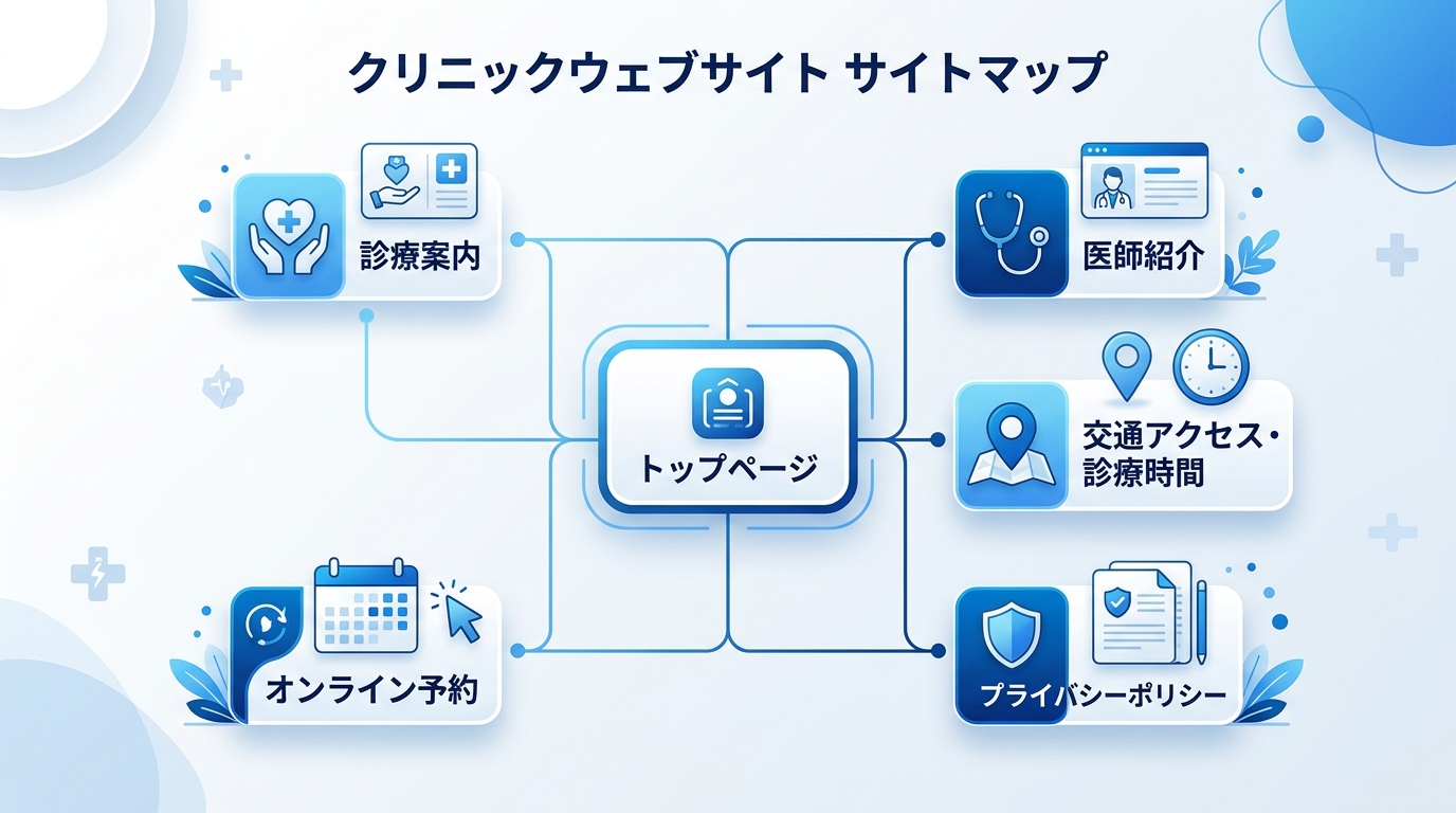 クリニックのホームページに必要なページ構成をサイトマップ形式で示した図。トップページを中心に診療内容・医師紹介・アクセス・予約ページなどが分岐する構造。青と白のクリーンなデザイン
