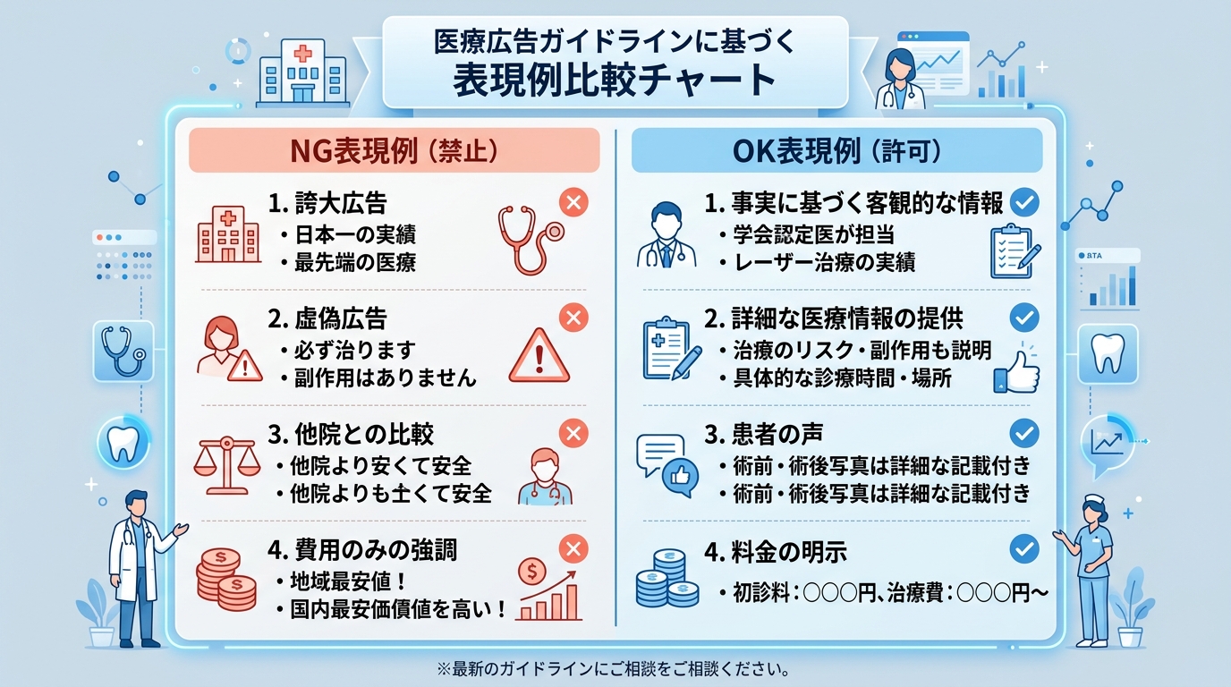 医療広告ガイドラインのNG表現とOK表現を左右に分けて対比した図。赤でNG例、青でOK例を具体的に列挙。クリニックのホームページに関する表現ルールを可視化